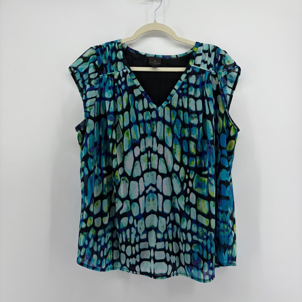 Worthington Womens 1X Blue Green Abstract Reptile V-Neck Sleeveless Blouse Shell